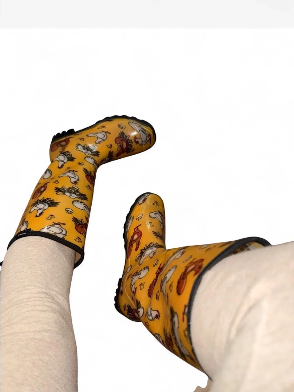 Yellow Printed Knee-High Rain Boots with Playful Chicken and Egg Graphics